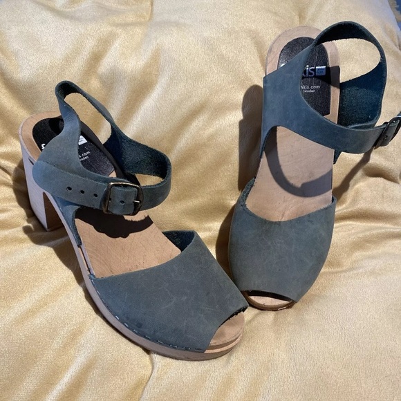 Funkis Swedish Forms Frida Heel Sandals Sz 37 Green Suede Wood Clog Platform - Picture 2 of 12